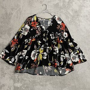 Free People Top Womens Small Black Bella Floral Tunic Hi Lo Boho Bell Sleeve